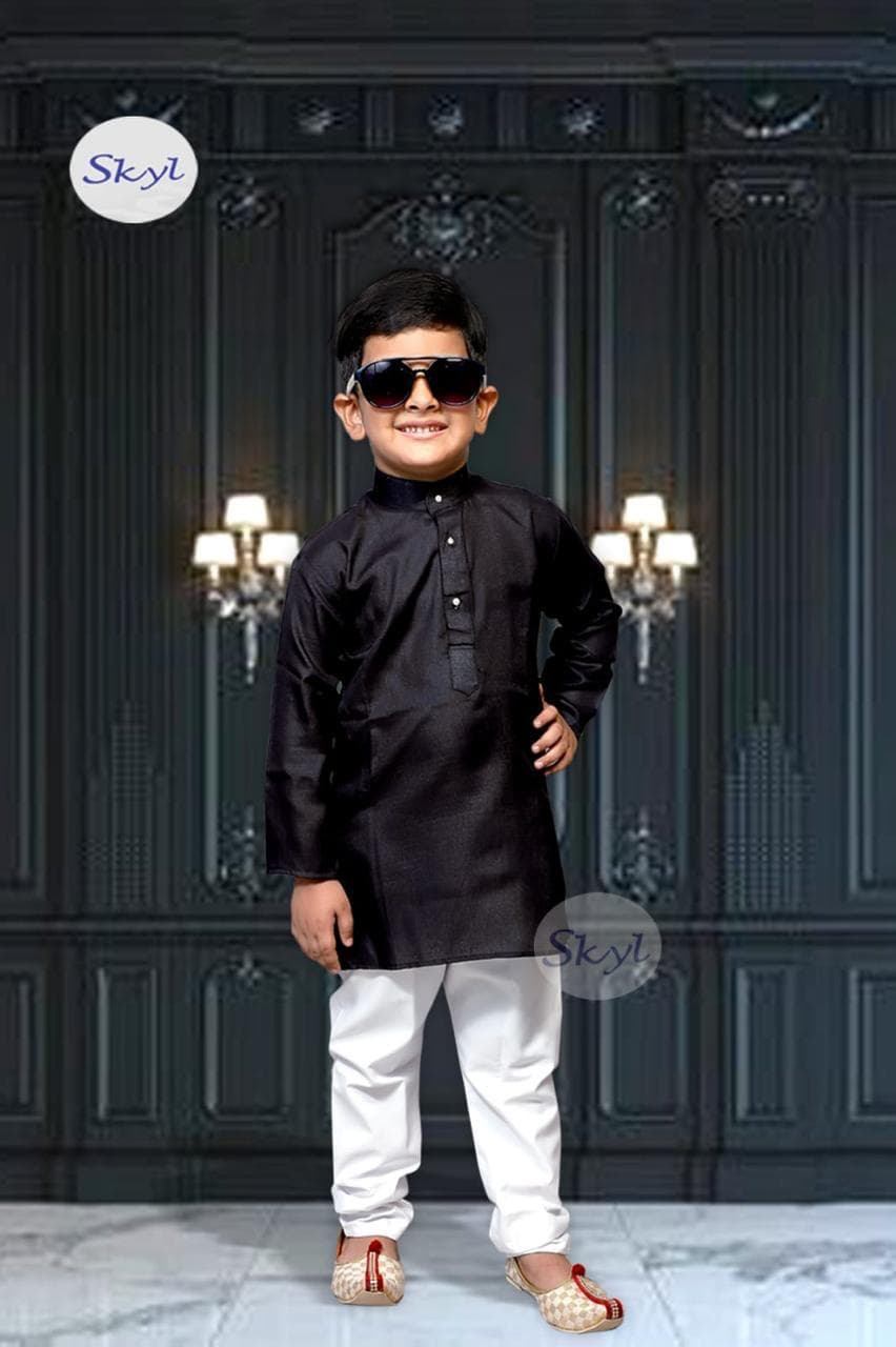 Kids Cotton Linen Kurta Pajama Set — Black