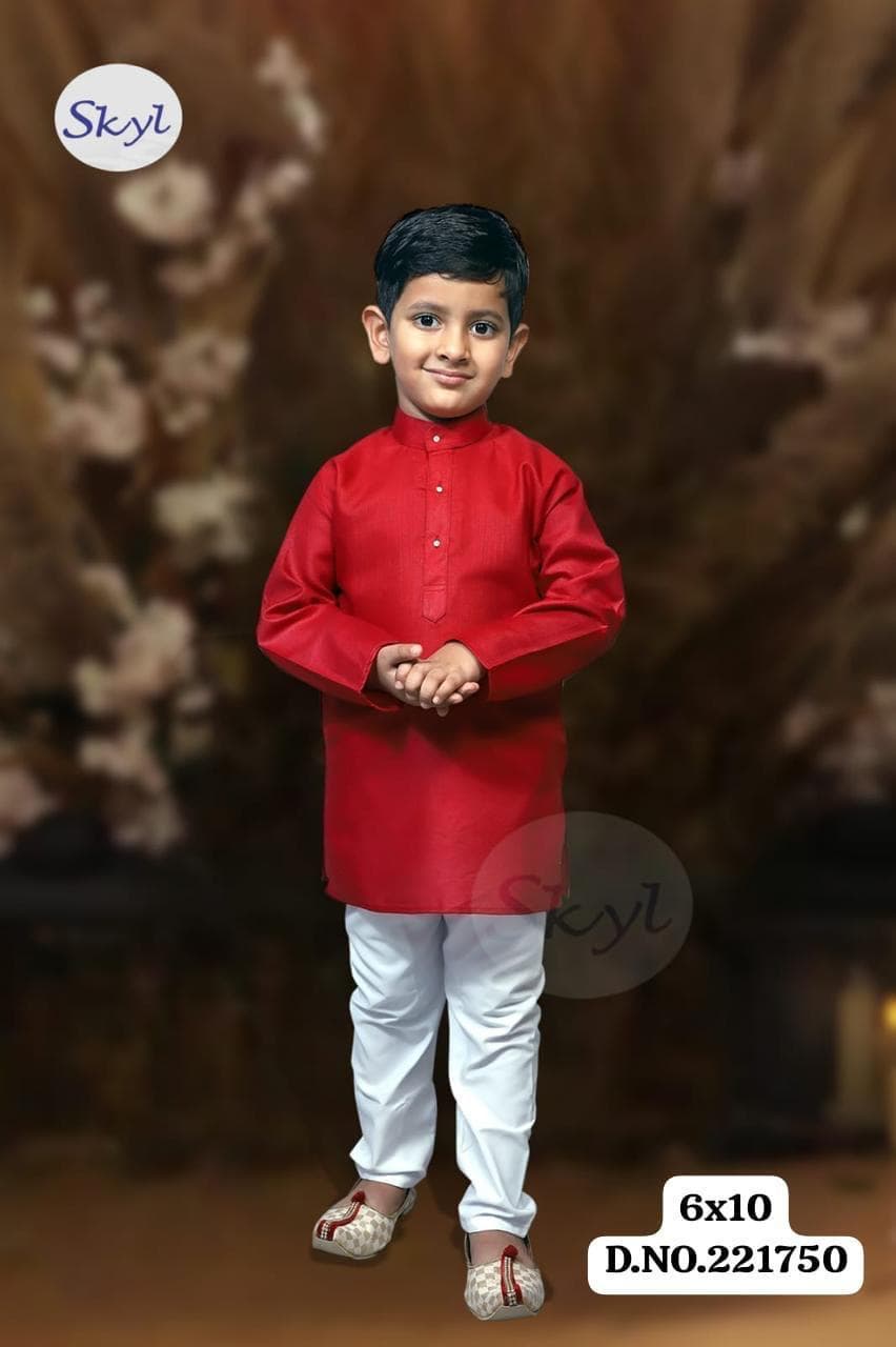 Kids Cotton Linen Kurta Pajama Set — Red