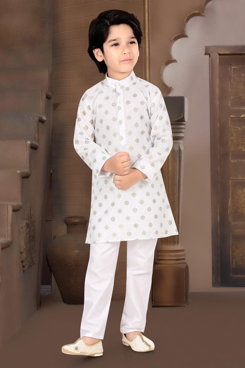Kids Cotton Linen Printed Kurta Pajama Set — White