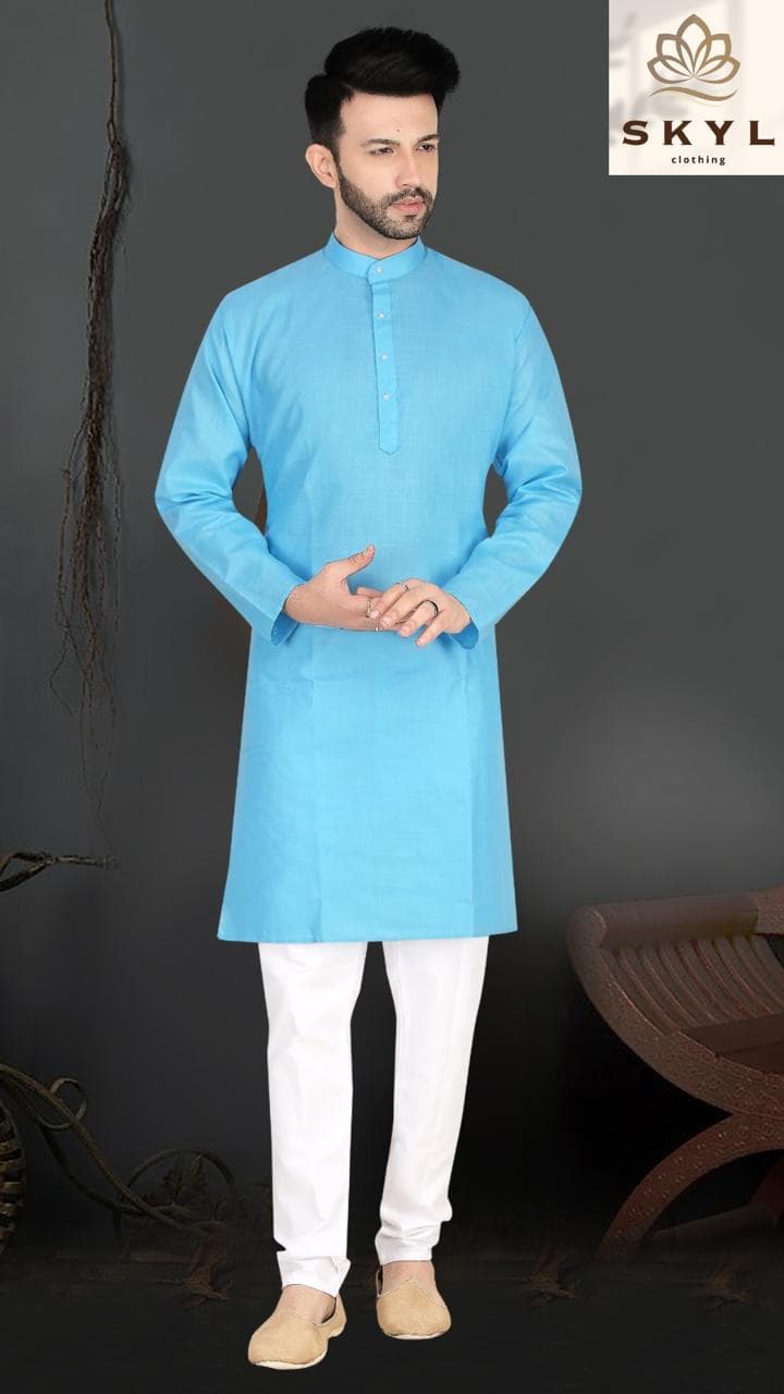 Mens Linen Cotton Kurta Pajama Set — Blue