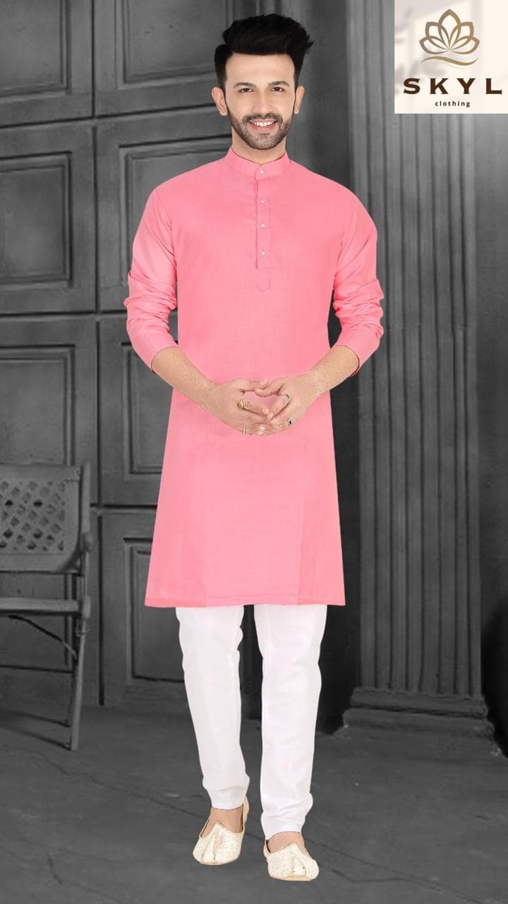 Mens Linen Cotton Kurta Pajama Set — L-Pink