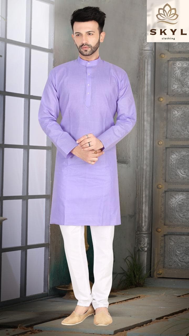 Mens Linen Cotton Kurta Pajama Set — Lavender