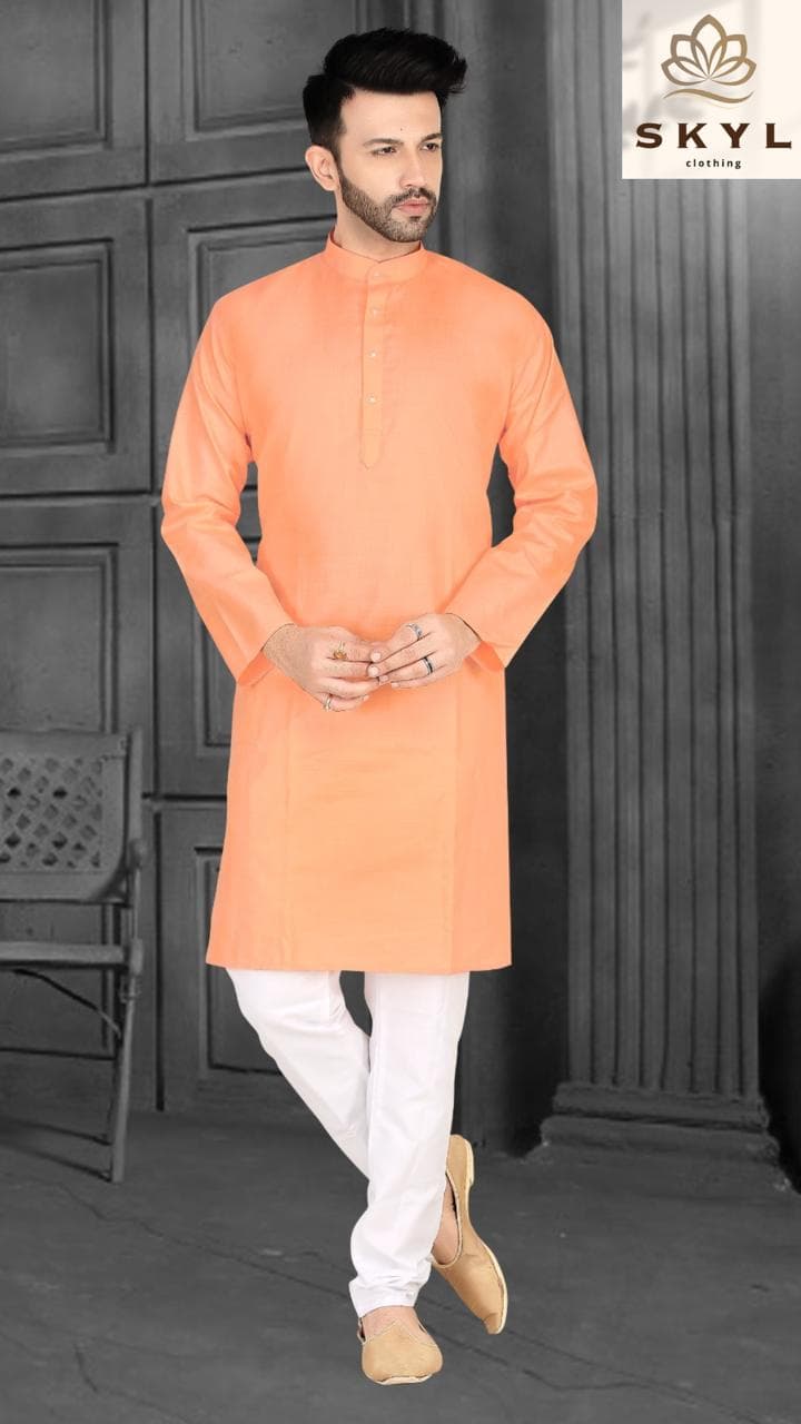 Mens Linen Cotton Kurta Pajama Set — Lite Peach