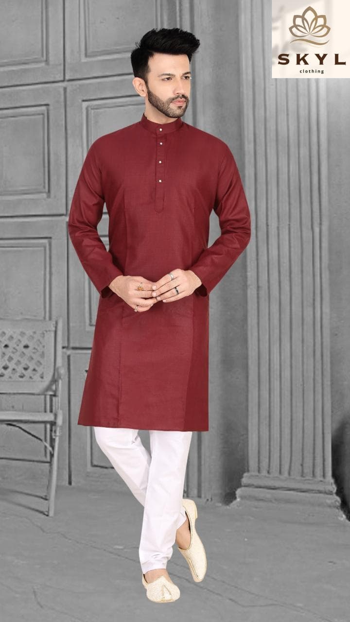 Mens Linen Cotton Kurta Pajama Set — Maroon