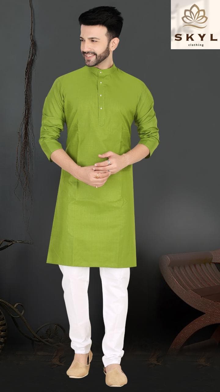 Mens Linen Cotton Kurta Pajama Set — Mehandi