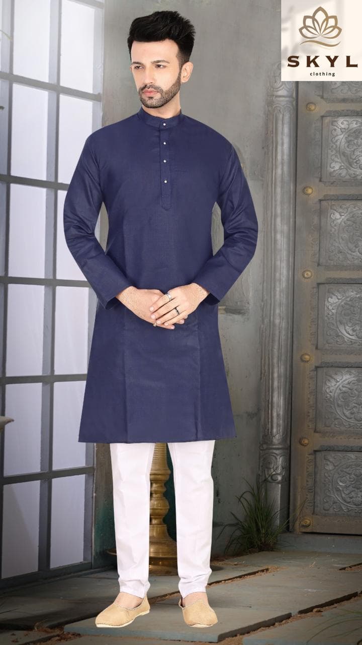 Mens Linen Cotton Kurta Pajama Set — N-Blue