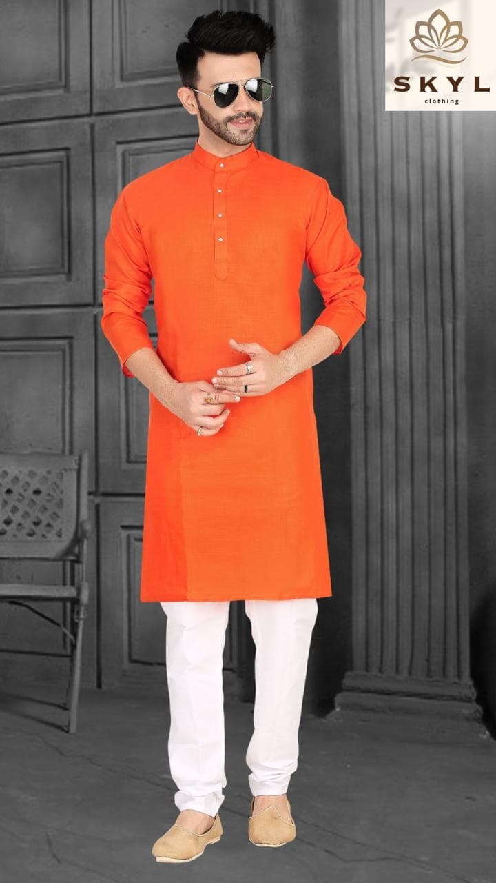 Mens Linen Cotton Kurta Pajama Set — Orange