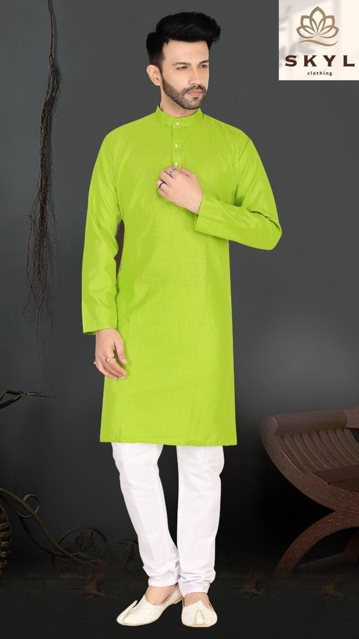 Mens Linen Cotton Kurta Pajama Set — Parrot