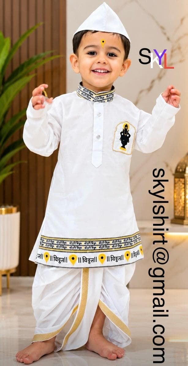 Kids Cotton Linen Vitthal Lace White Dhoti Kurta