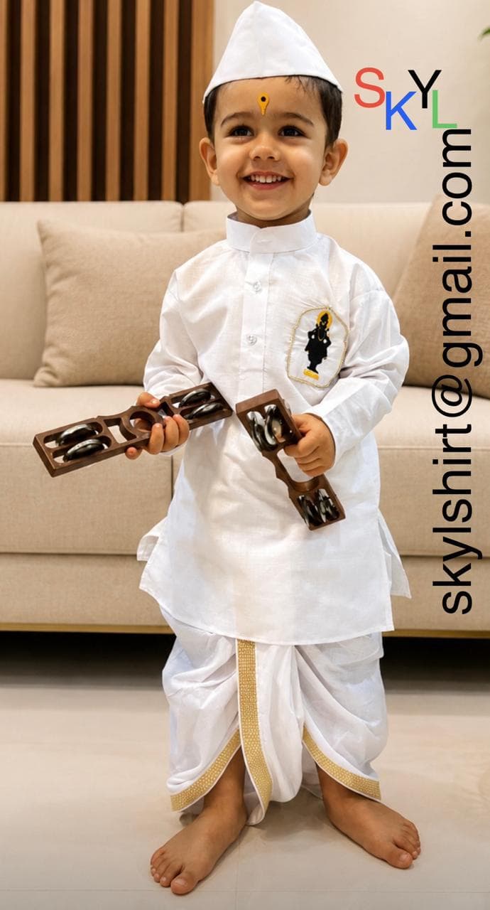 Kids Cotton Linen Embroidery Vitthal Logo White Dhoti Kurta