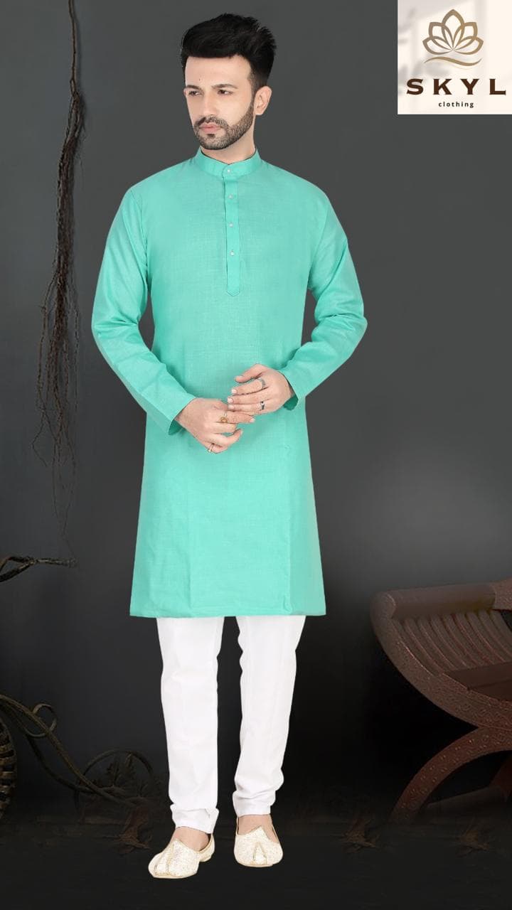 Model wearing the Peacock linen cotton kurta with white pajama