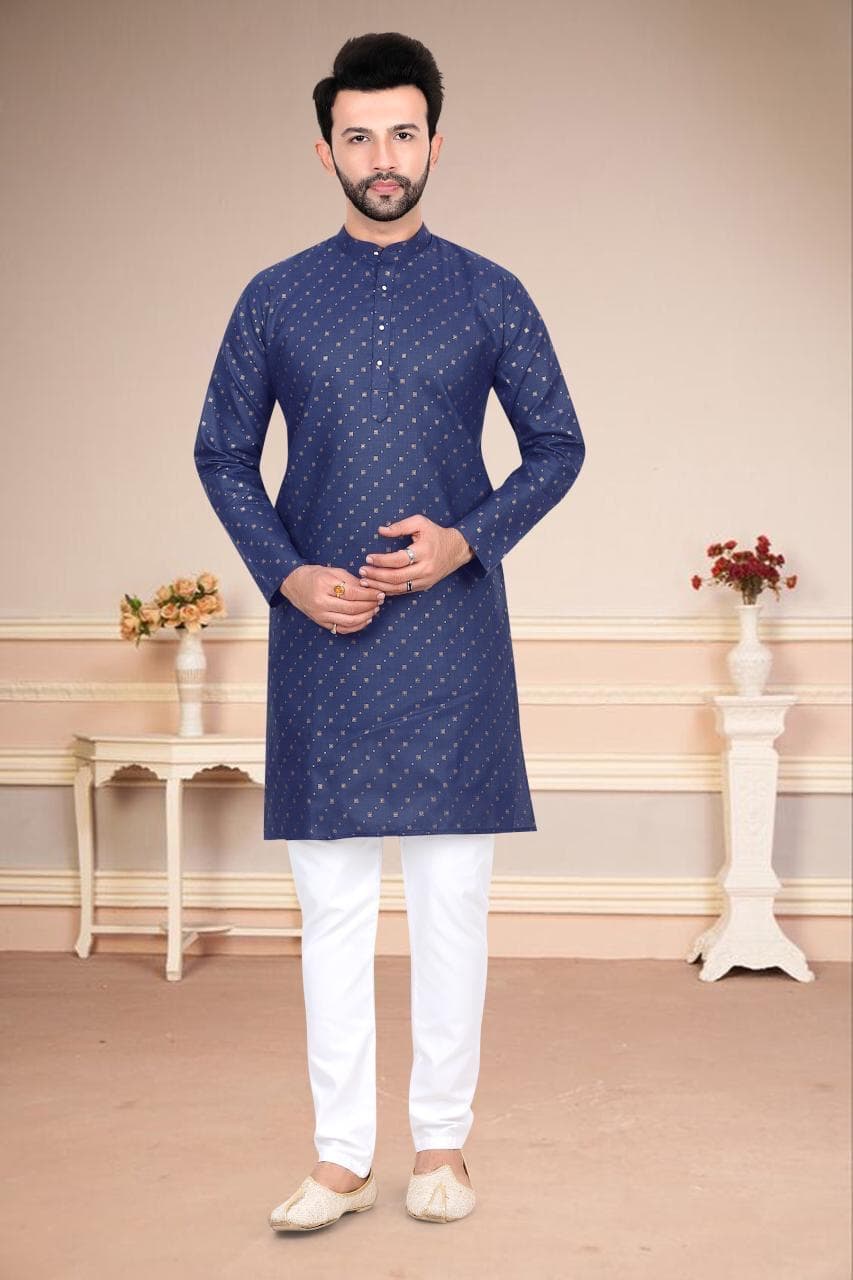 Mens printed kurta set — Navy Blue