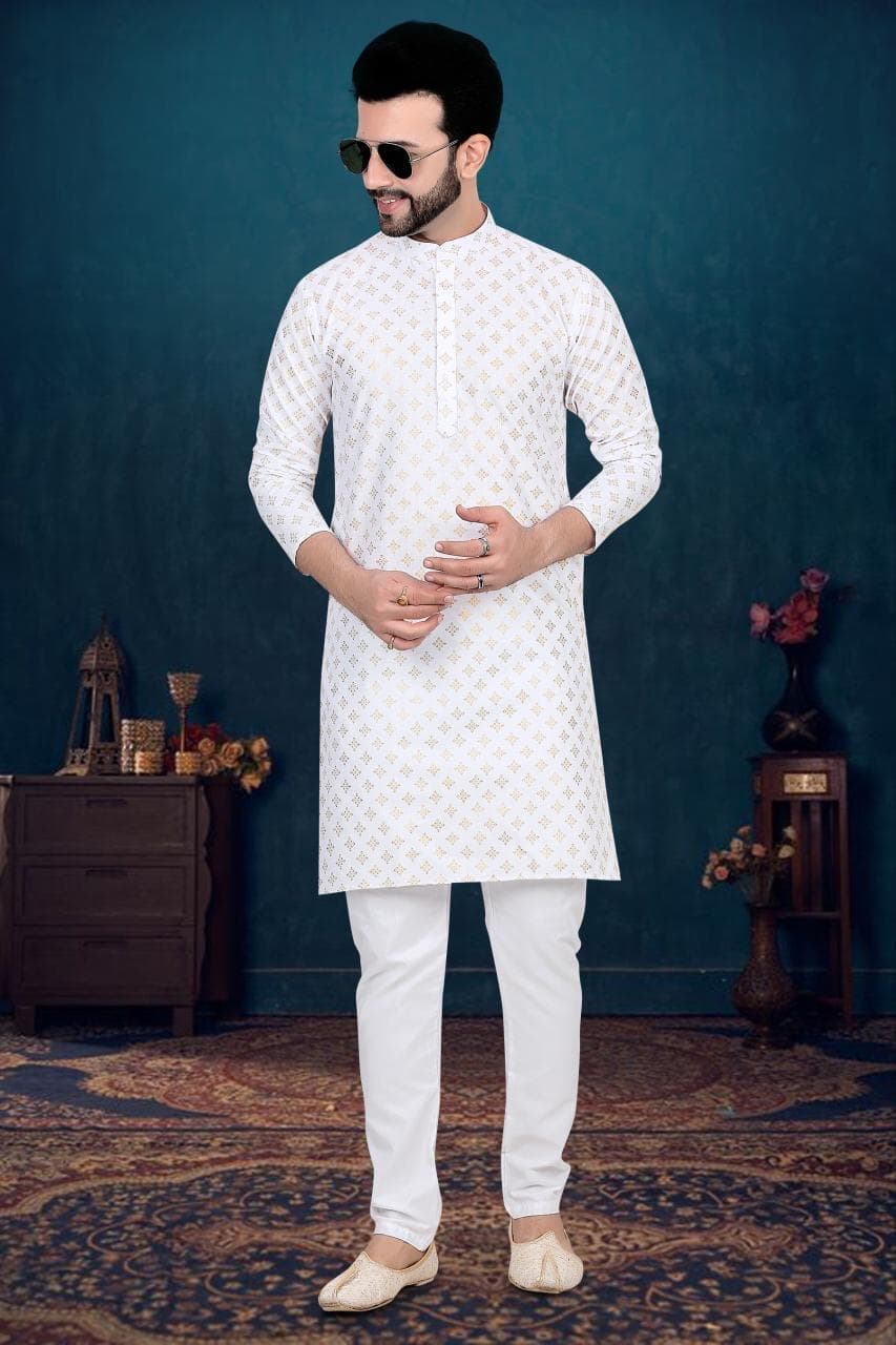 Mens printed kurta set — White