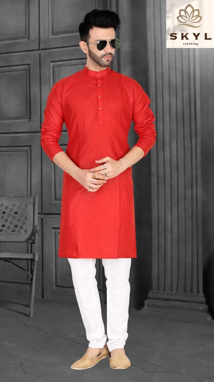 Model wearing the Red linen cotton kurta with white pajama